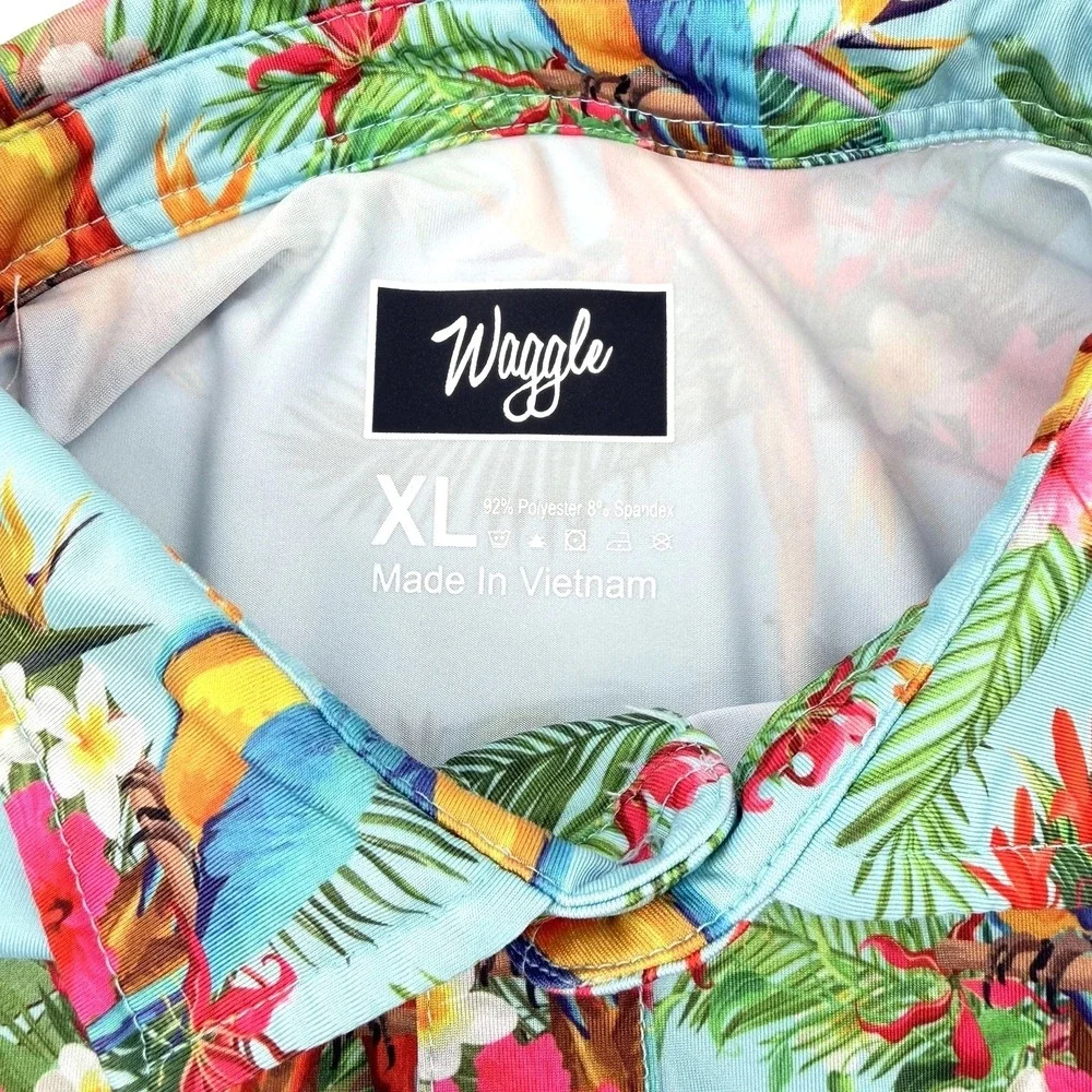 Waggle Polo Shirt Mens XL Blue Parrots Floral Print Stretch Performance Golf - Picture 5 of 9